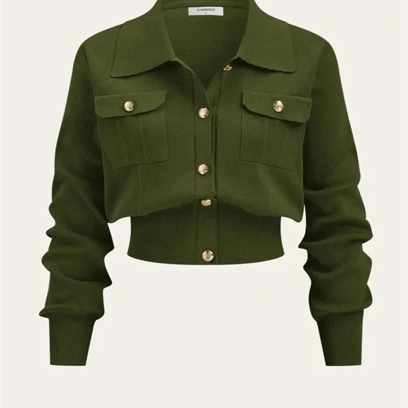 Commense Olive Green Button-Front Midi Skirt with Pocket Flaps - Picture 3 of 4